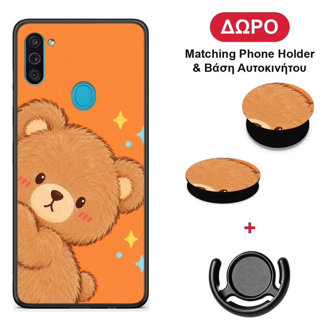Peekaboo Teddy on Orange - Samsung Galaxy A11 / M11 θήκη + Δώρο Phone Holder & Βάση Αυτοκινήτου