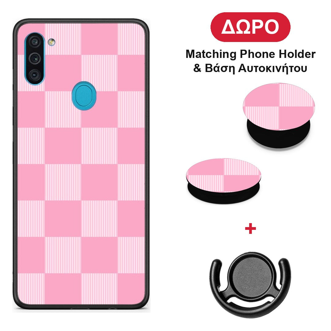 Pink and White Striped Checks - Samsung Galaxy A11 / M11 θήκη + Δώρο Phone Holder & Βάση Αυτοκινήτου