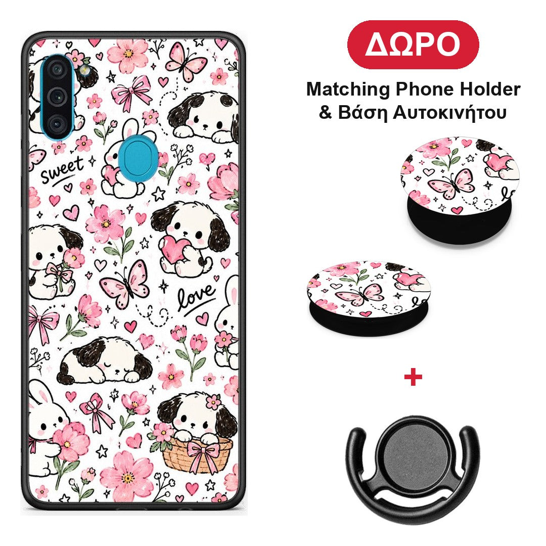 Pink Florals Puppies and Bunnies on White - Samsung Galaxy A11 / M11 θήκη + Δώρο Phone Holder & Βάση Αυτοκινήτου
