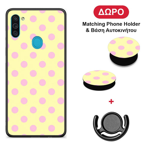 Pink Polka Dots on Yellow - Samsung Galaxy A11 / M11 θήκη + Δώρο Phone Holder & Βάση Αυτοκινήτου
