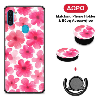 Pink Watercolour Flowers on White - Samsung Galaxy A11 / M11 θήκη + Δώρο Phone Holder & Βάση Αυτοκινήτου