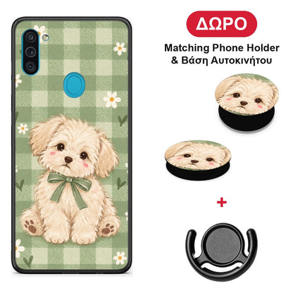 Puppy and Daisies on Sage Gingham - Samsung Galaxy A11 / M11 θήκη + Δώρο Phone Holder & Βάση Αυτοκινήτου