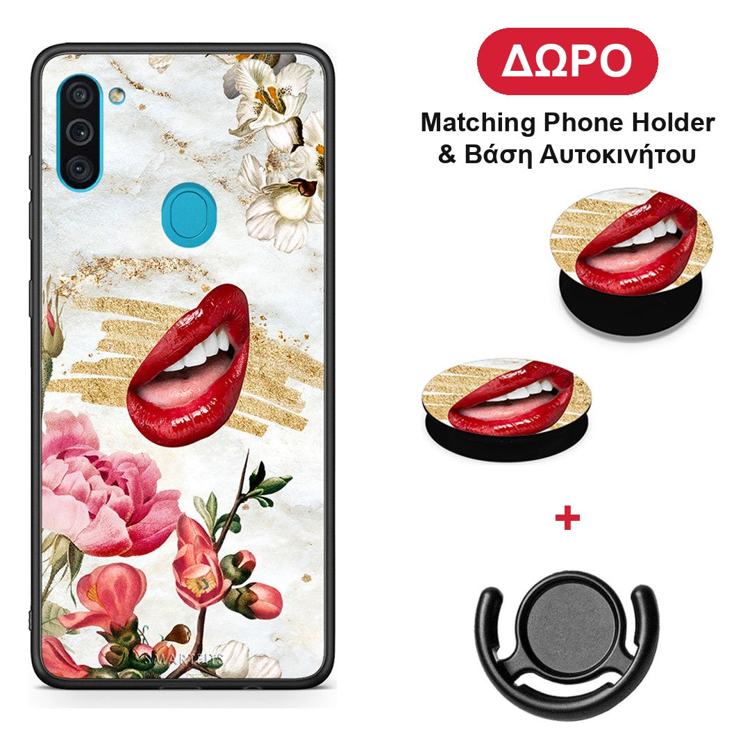 Red Lips - Samsung Galaxy A11 / M11 θήκη + Δώρο Phone Holder & Βάση Αυτοκινήτου