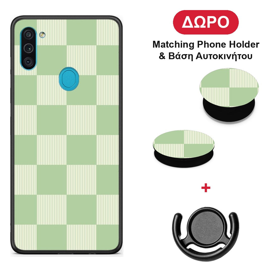 Sage and Cream Striped Checks - Samsung Galaxy A11 / M11 θήκη + Δώρο Phone Holder & Βάση Αυτοκινήτου