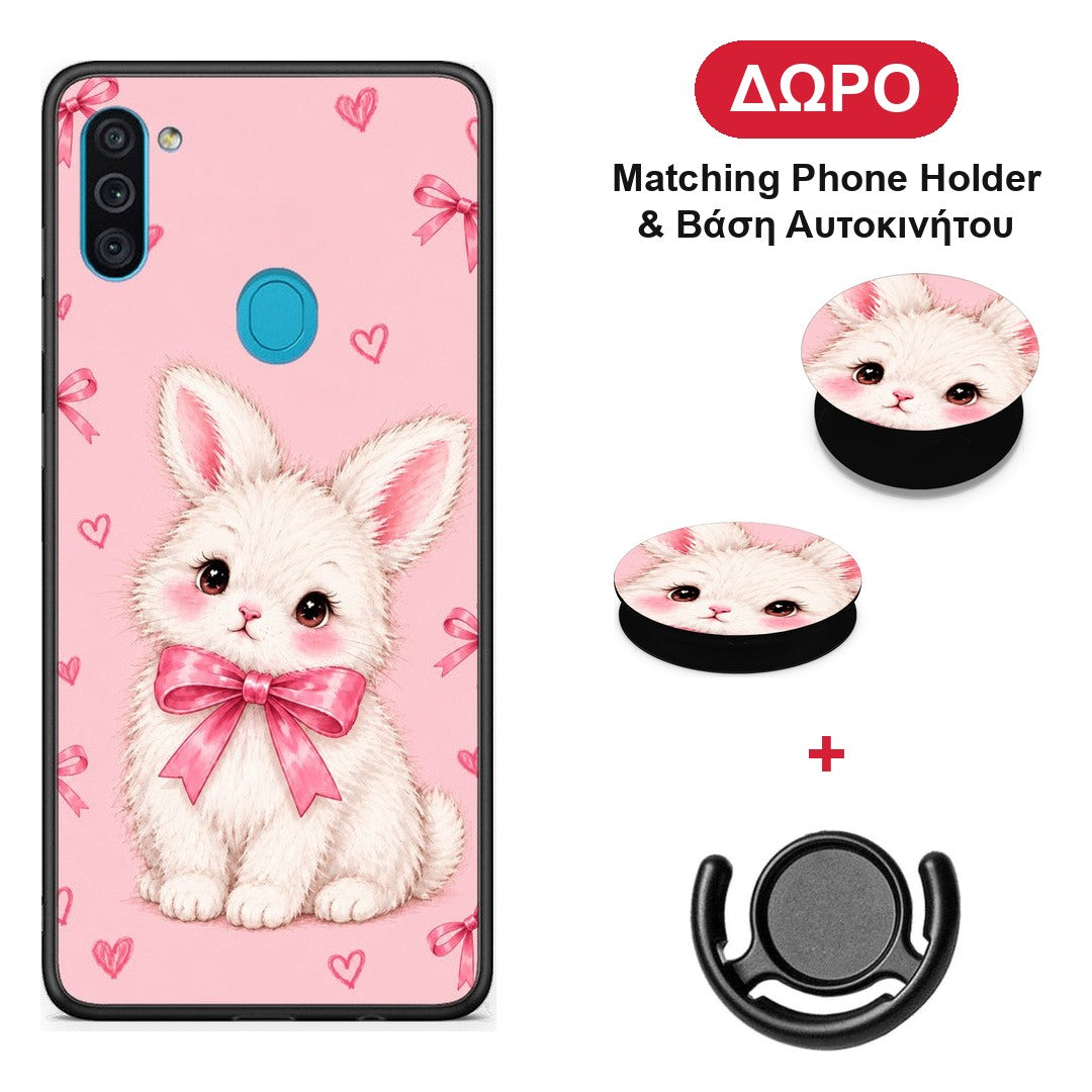 White Bunny and Pink Bows - Samsung Galaxy A11 / M11 θήκη + Δώρο Phone Holder & Βάση Αυτοκινήτου