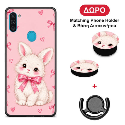 White Bunny and Pink Bows - Samsung Galaxy A11 / M11 θήκη + Δώρο Phone Holder & Βάση Αυτοκινήτου
