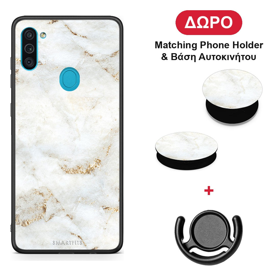 White Gold Marble - Samsung Galaxy A11 / M11 θήκη + Δώρο Phone Holder & Βάση Αυτοκινήτου