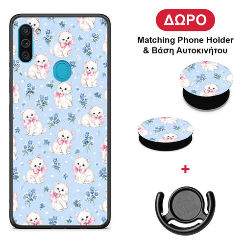 White Kittens and Blue Flowers Small - Samsung Galaxy A11 / M11 θήκη + Δώρο Phone Holder & Βάση Αυτοκινήτου