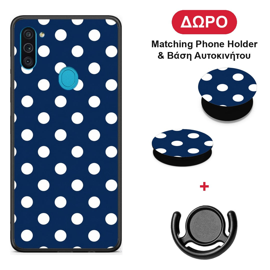 White Large Polka Dots on Navy - Samsung Galaxy A11 / M11 θήκη + Δώρο Phone Holder & Βάση Αυτοκινήτου