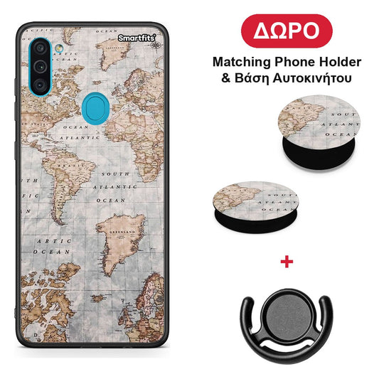 World Map - Samsung Galaxy A11 / M11 θήκη + Δώρο Phone Holder & Βάση Αυτοκινήτου
