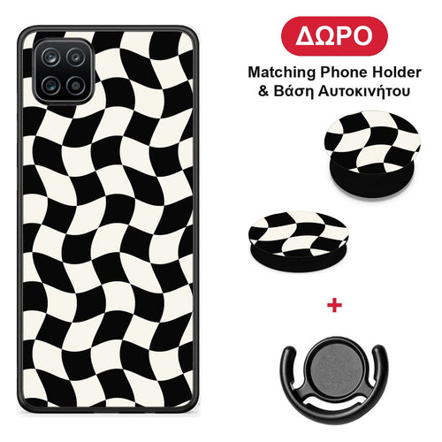 Black and Cream Wavy Checkerboard - Samsung Galaxy A12 θήκη + Δώρο Phone Holder & Βάση Αυτοκινήτου