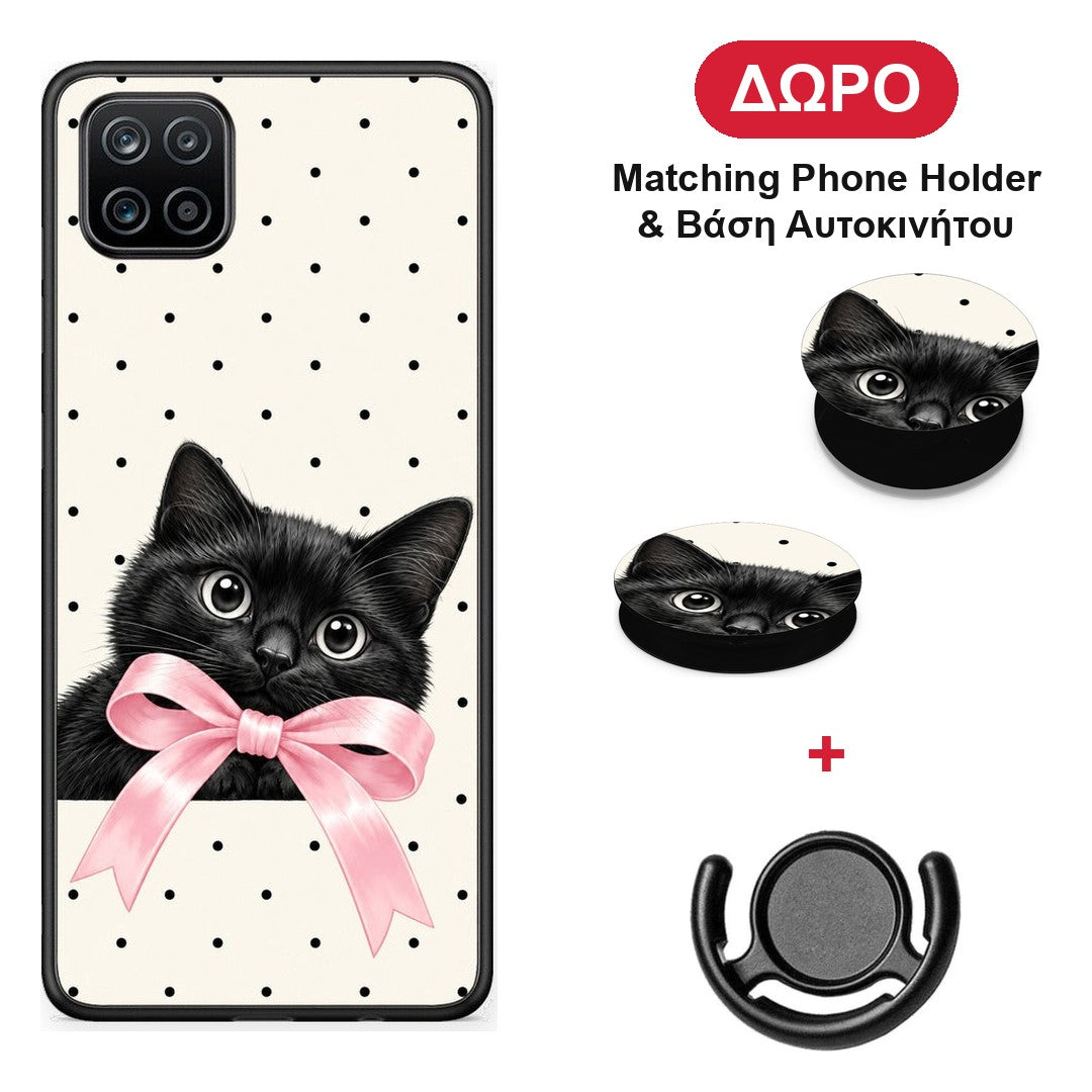 Black Kitten Pink Bow and Polka Dots - Samsung Galaxy A12 θήκη + Δώρο Phone Holder & Βάση Αυτοκινήτου