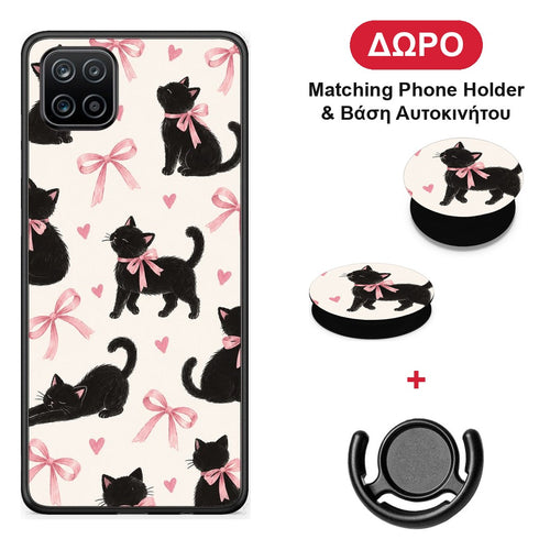 Black Kittens and Pink Bows on Cream Large - Samsung Galaxy A12 θήκη + Δώρο Phone Holder & Βάση Αυτοκινήτου