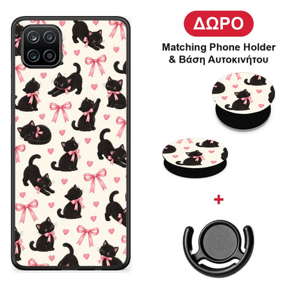 Black Kittens and Pink Bows on Cream Small - Samsung Galaxy A12 θήκη + Δώρο Phone Holder & Βάση Αυτοκινήτου