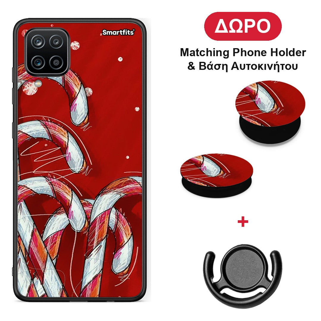 Candy Cane - Samsung Galaxy A12 θήκη + Δώρο Phone Holder & Βάση Αυτοκινήτου