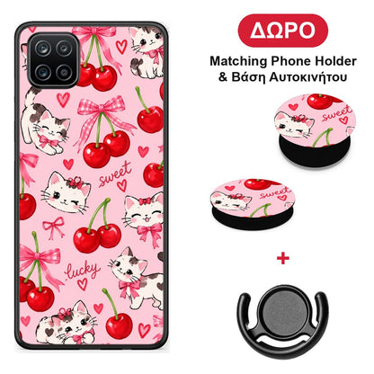 Cherries Bows and Kittens on Pink - Samsung Galaxy A12 θήκη + Δώρο Phone Holder & Βάση Αυτοκινήτου