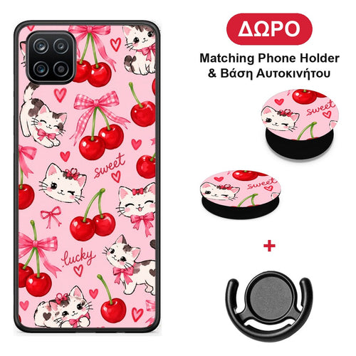 Cherries Bows and Kittens on Pink - Samsung Galaxy A12 θήκη + Δώρο Phone Holder & Βάση Αυτοκινήτου