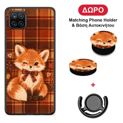 Fox on Autumn Tartan - Samsung Galaxy A12 θήκη + Δώρο Phone Holder & Βάση Αυτοκινήτου