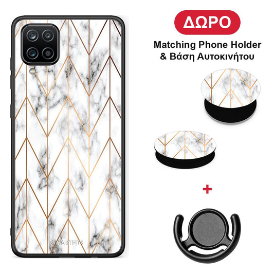 Marble Gold Geometric - Samsung Galaxy A12 θήκη + Δώρο Phone Holder & Βάση Αυτοκινήτου