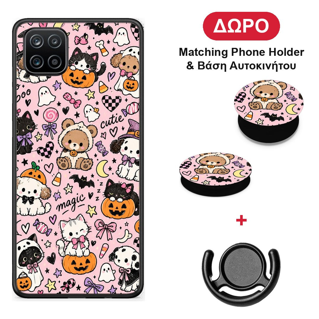 Halloween Cute Animals on Pink - Samsung Galaxy A12 θήκη + Δώρο Phone Holder & Βάση Αυτοκινήτου