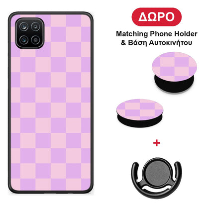 Lavender and Pink Checkerboard - Samsung Galaxy A12 θήκη + Δώρο Phone Holder & Βάση Αυτοκινήτου