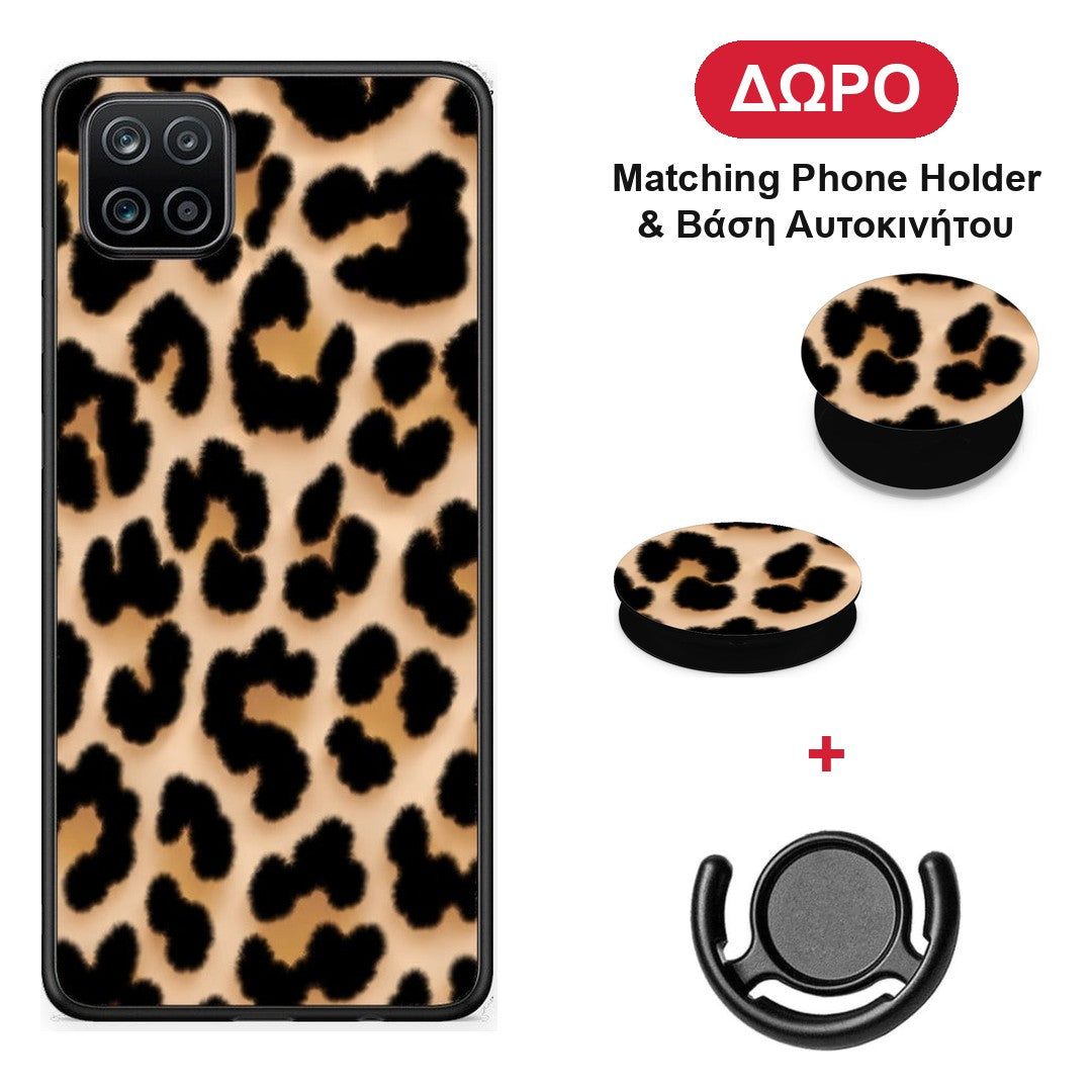 Leopard Print Tan Large - Samsung Galaxy A12 θήκη + Δώρο Phone Holder & Βάση Αυτοκινήτου