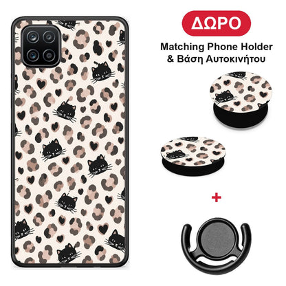 Leopard Spots and Black Cats on Cream - Samsung Galaxy A12 θήκη + Δώρο Phone Holder & Βάση Αυτοκινήτου