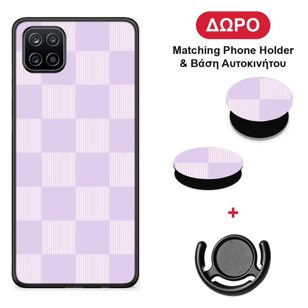 Lilac and Cream Striped Checks - Samsung Galaxy A12 θήκη + Δώρο Phone Holder & Βάση Αυτοκινήτου