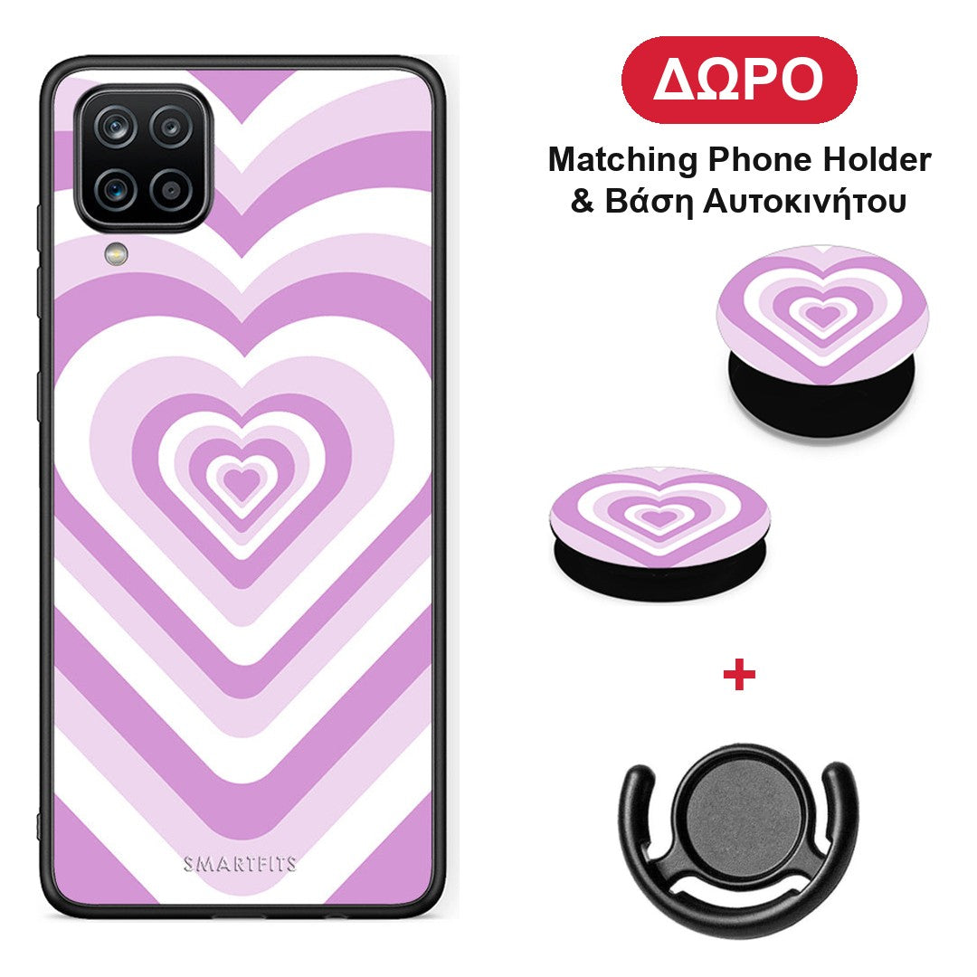 Lilac Hearts - Samsung Galaxy A12 θήκη + Δώρο Phone Holder & Βάση Αυτοκινήτου