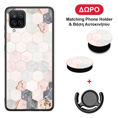 Marble Hexagon Pink - Samsung Galaxy A12 θήκη + Δώρο Phone Holder & Βάση Αυτοκινήτου