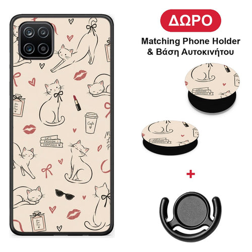 Minimal Cat and Fashion Doodles on Cream - Samsung Galaxy A12 θήκη + Δώρο Phone Holder & Βάση Αυτοκινήτου