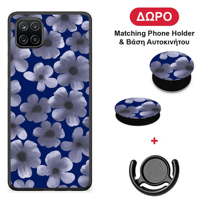 Pale Blue Flowers on Navy - Samsung Galaxy A12 θήκη + Δώρο Phone Holder & Βάση Αυτοκινήτου