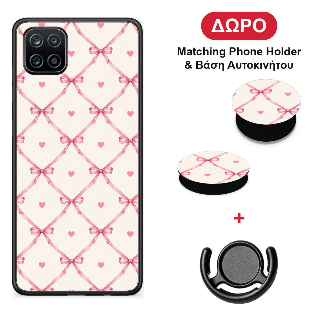 Pink Bow Lattice and Hearts on Cream - Samsung Galaxy A12 θήκη + Δώρο Phone Holder & Βάση Αυτοκινήτου