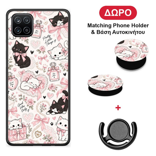 Pink Bows and Kittens Collage - Samsung Galaxy A12 θήκη + Δώρο Phone Holder & Βάση Αυτοκινήτου
