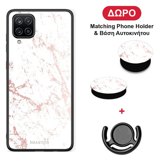 Marble Pink Splash - Samsung Galaxy A12 θήκη + Δώρο Phone Holder & Βάση Αυτοκινήτου