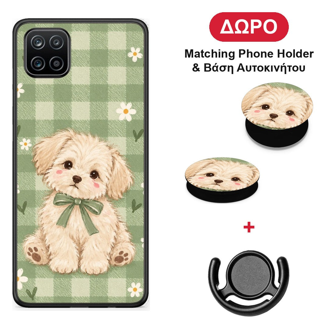 Puppy and Daisies on Sage Gingham - Samsung Galaxy A12 θήκη + Δώρο Phone Holder & Βάση Αυτοκινήτου