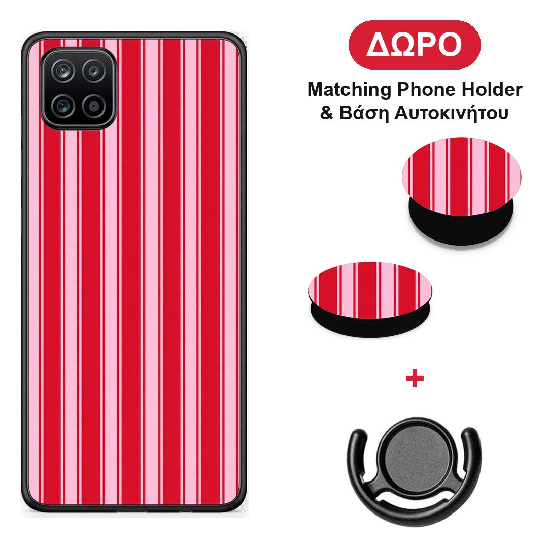 Red and Pink Vertical Pinstripes - Samsung Galaxy A12 θήκη + Δώρο Phone Holder & Βάση Αυτοκινήτου
