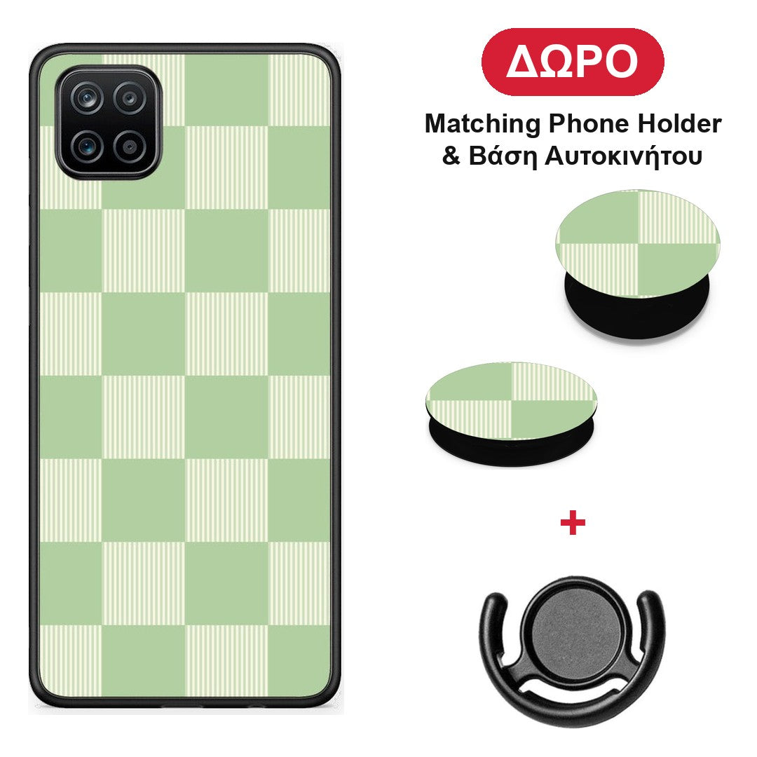 Sage and Cream Striped Checks - Samsung Galaxy A12 θήκη + Δώρο Phone Holder & Βάση Αυτοκινήτου