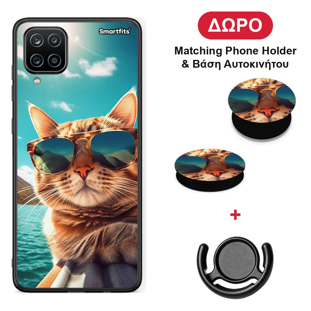 Summer Cat - Samsung Galaxy A12 θήκη + Δώρο Phone Holder & Βάση Αυτοκινήτου