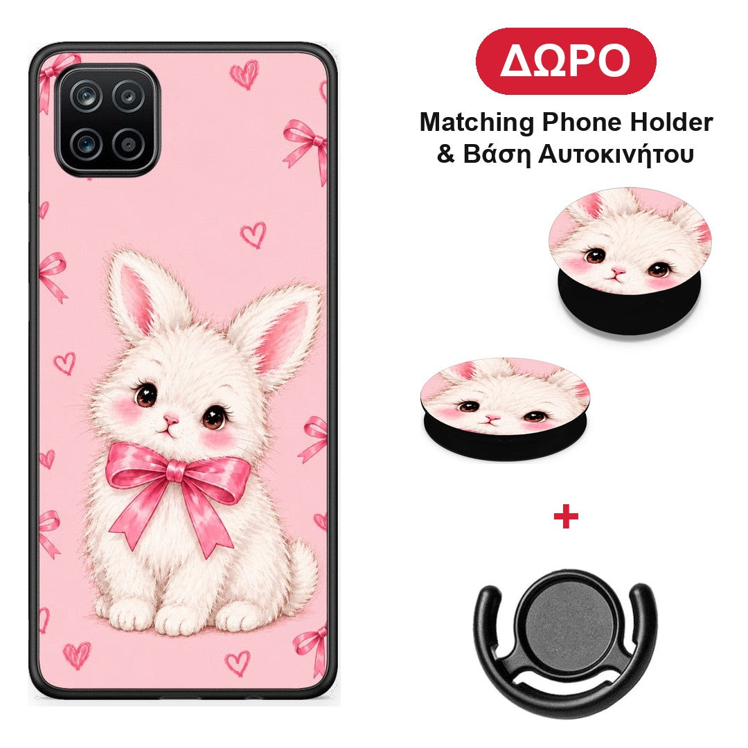 White Bunny and Pink Bows - Samsung Galaxy A12 θήκη + Δώρο Phone Holder & Βάση Αυτοκινήτου