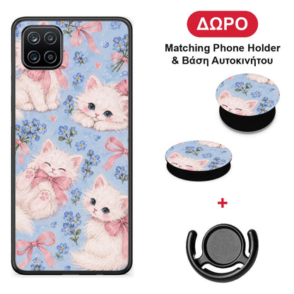 White Kittens and Blue Flowers Large - Samsung Galaxy A12 θήκη + Δώρο Phone Holder & Βάση Αυτοκινήτου