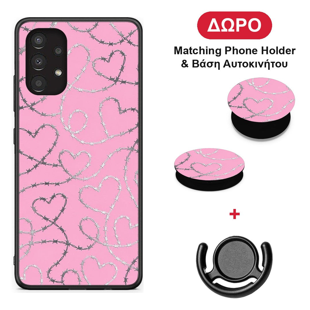 Barbed Wire Hearts on Pink - Samsung Galaxy A13 4G θήκη + Δώρο Phone Holder & Βάση Αυτοκινήτου
