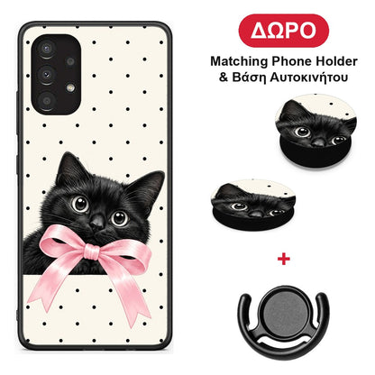 Black Kitten Pink Bow and Polka Dots - Samsung Galaxy A13 4G θήκη + Δώρο Phone Holder & Βάση Αυτοκινήτου