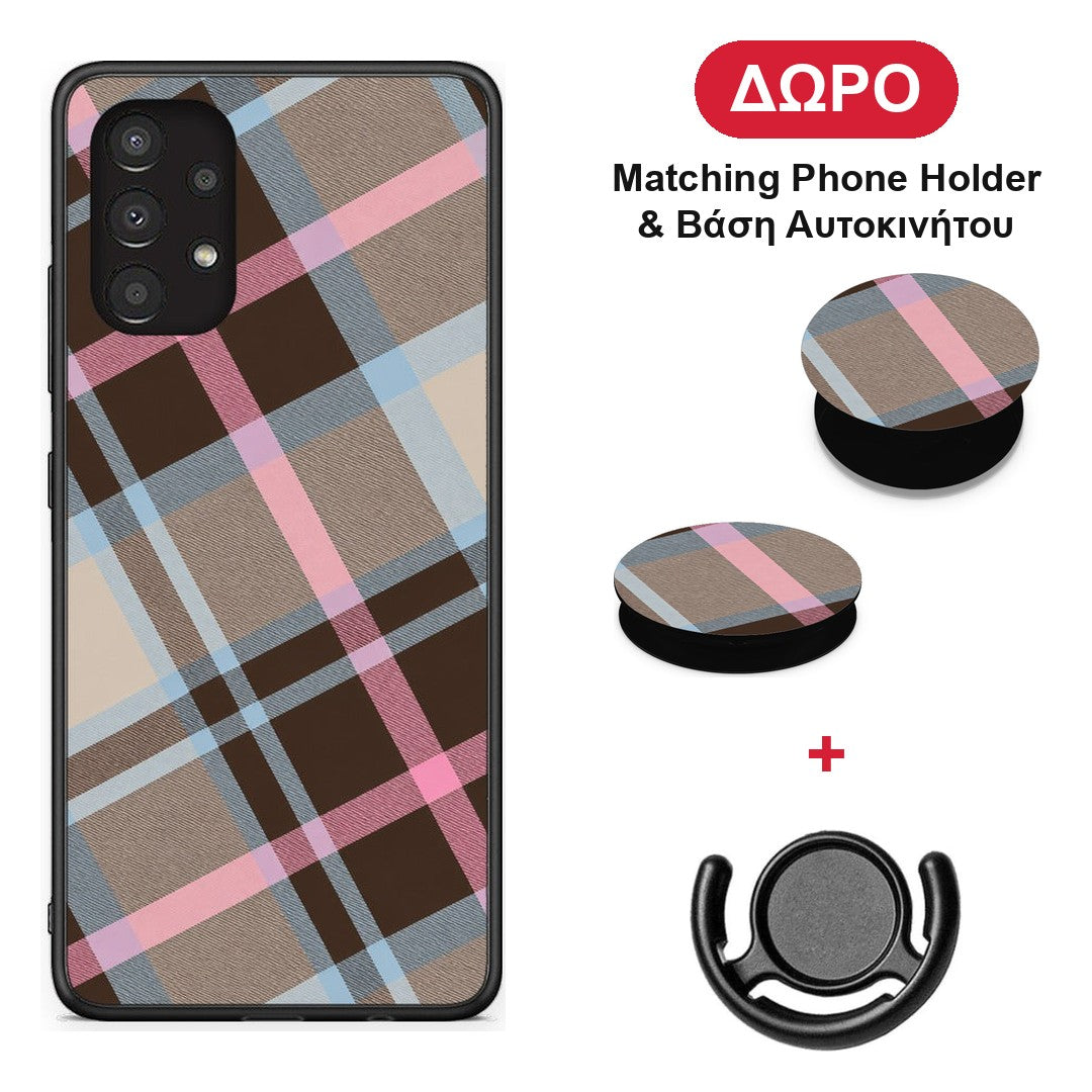 Brown Pink and Blue Diagonal Plaid - Samsung Galaxy A13 4G θήκη + Δώρο Phone Holder & Βάση Αυτοκινήτου