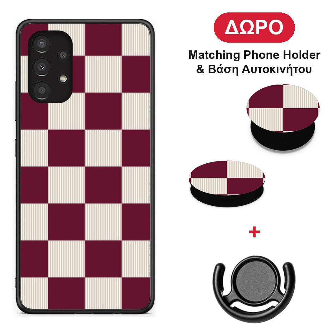 Burgundy and Cream Striped Checks - Samsung Galaxy A13 4G θήκη + Δώρο Phone Holder & Βάση Αυτοκινήτου