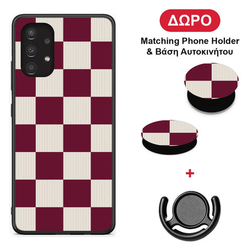 Burgundy and Cream Striped Checks - Samsung Galaxy A13 4G θήκη + Δώρο Phone Holder & Βάση Αυτοκινήτου