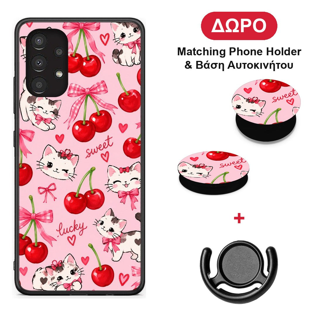 Cherries Bows and Kittens on Pink - Samsung Galaxy A13 4G θήκη + Δώρο Phone Holder & Βάση Αυτοκινήτου