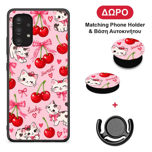 Cherries Bows and Kittens on Pink - Samsung Galaxy A13 4G θήκη + Δώρο Phone Holder & Βάση Αυτοκινήτου