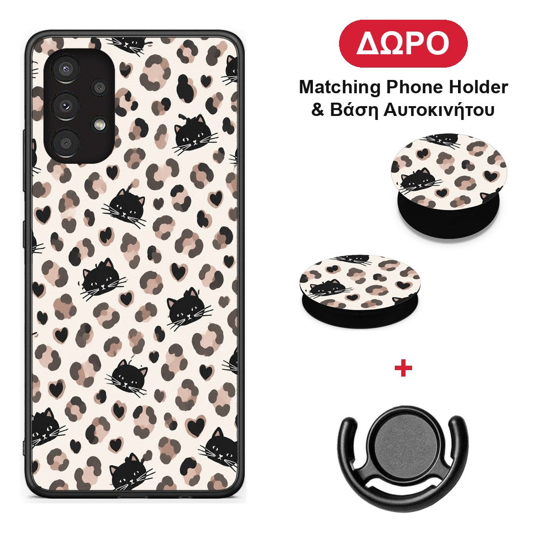 Leopard Spots and Black Cats on Cream - Samsung Galaxy A13 4G θήκη + Δώρο Phone Holder & Βάση Αυτοκινήτου