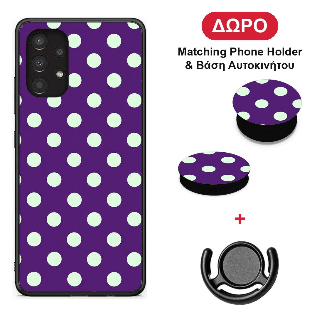 Mint Polka Dots on Purple - Samsung Galaxy A13 4G θήκη + Δώρο Phone Holder & Βάση Αυτοκινήτου